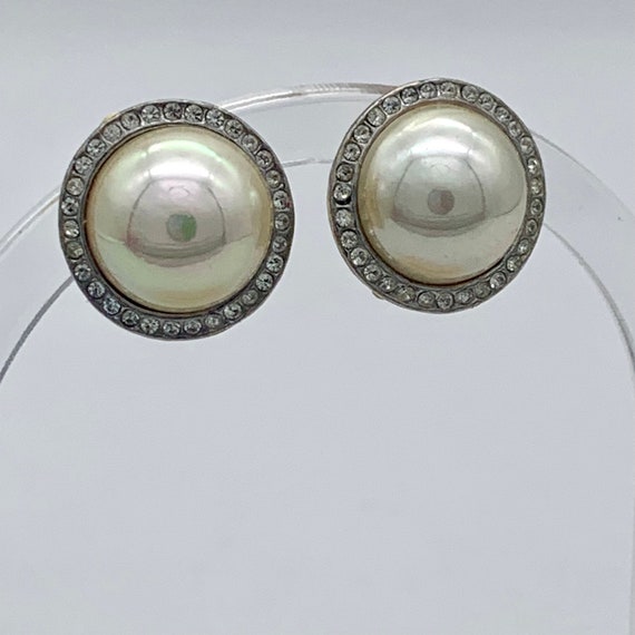 Carolee Faux Pearl Rhinestone Button Clip Earrings - image 1