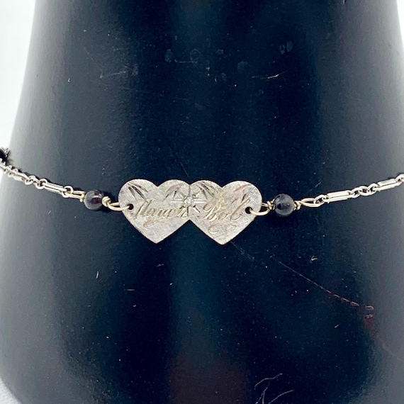 14K White Gold Engraved Heart Bracelet with Onyx Beads