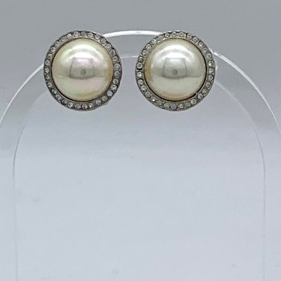 Carolee Faux Pearl Rhinestone Button Clip Earrings - image 2