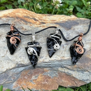 Wire Wrapped Black Obsidian Arrowhead Pendant Necklace - Volcanic Glass