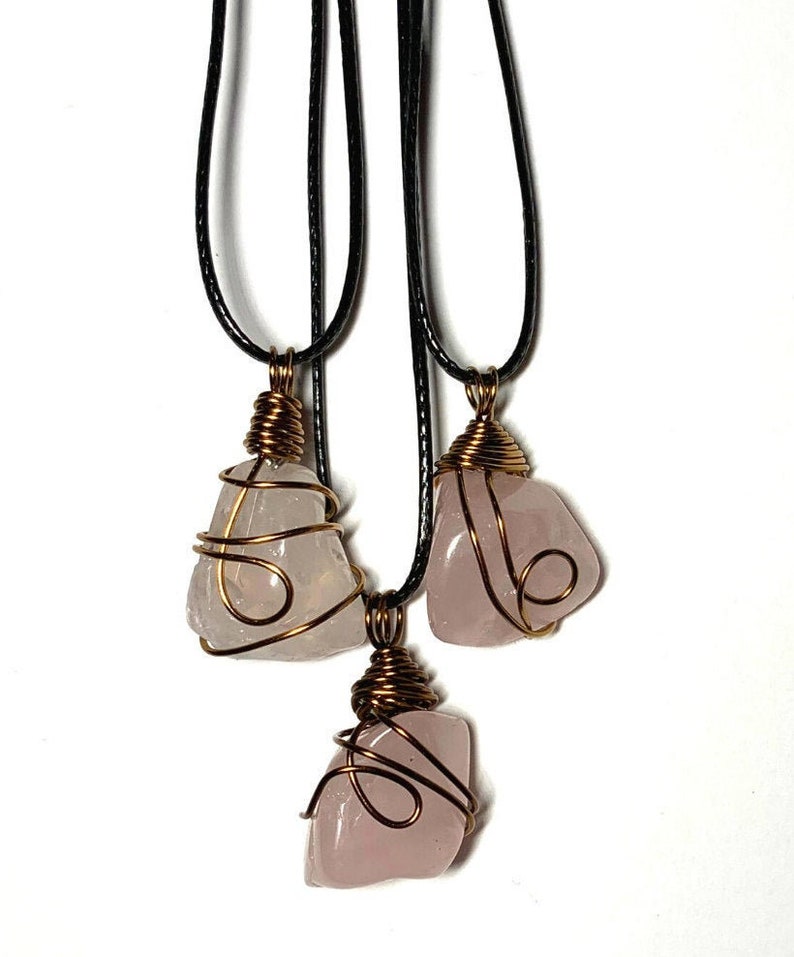 Rose Quartz Gemstone Wire Wrapped Pendants-Natural Stone Wire Wrapped Necklaces-Brass Wire Wrapped Stone Necklaces-Cotton cord-Pink Necklace