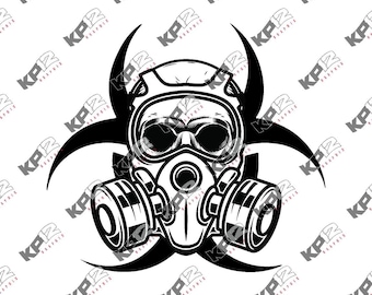 May include: Black and white illustration of a gas mask with a skull design. The mask is surrounded by a biohazard symbol.