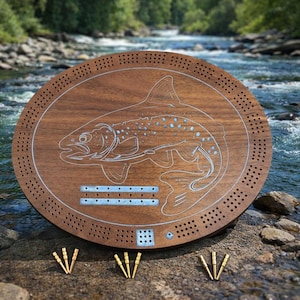 Trout Cribbage Board – Handmade Hardwood Fishing Game by South Fork Studios – Fly Fishing Gift with Metal Pegs