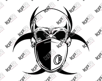 May include: Black and white illustration of a skull wearing a face mask with a biohazard symbol. The skull has a menacing expression and is wearing a mask that covers the lower half of its face. The mask has a white stripe down the middle and a black circle with a letter G in the center.