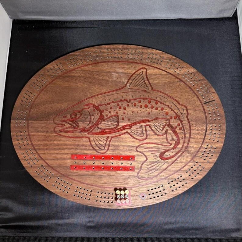 Premium Cribbage Board With Custom Trout Resin Inlay and Peg Storage ...