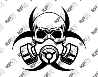 May include: Black and white illustration of a skull wearing a gas mask with a biohazard symbol behind it.