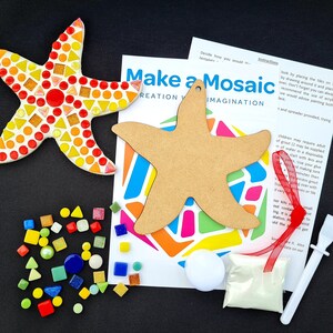 Può includere: Un kit per realizzare una stella marina a mosaico. Il kit include una stella marina in legno, un sacchetto di tessere di mosaico colorate, un piccolo contenitore di stucco, un nastro rosso e uno spargitore di plastica.