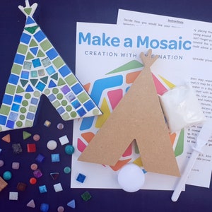 May include: A craft kit for making a mosaic teepee. The kit includes a wooden teepee shape, colourful mosaic tiles, glue, grout, and instructions. "Make a Mosaic" is printed on the instructions.