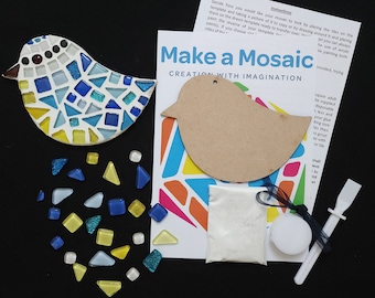 May include: A craft kit for making a mosaic bird. The kit includes a wooden bird template, a bag of white glue, a small jar of grout, a plastic spreader, and a variety of colorful glass tiles. The kit also includes instructions for creating the mosaic.