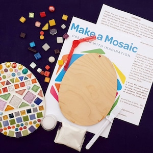 May include: Make a Mosaic craft kit with a wooden egg-shaped template, colorful mosaic tiles, and white grout. Instructions are included on the paper.