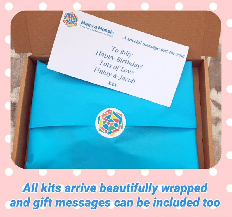 May include: A blue gift box with a white card that says "Make a Mosaic" and a personalized message for Billy. The card says "To Billy Happy Birthday! Lots of Love Finlay & Jacob xxx".