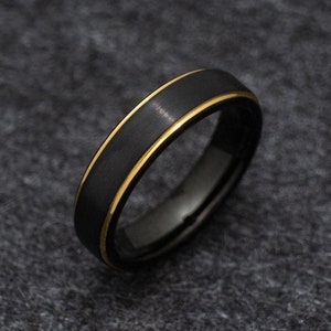 Black Obsidian Gold Tungsten Carbide Ring, Black Wedding Bands for Men, 5mm width ring, Wedding Ring Gift, Tungsten Carbide, Black Ring,