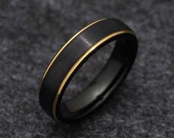 Anel de carboneto de tungstênio com obsidiana negra e ouro, alianças de casamento pretas para homens, anel de 5 mm de largura, presente de aliança de casamento, carboneto de tungstênio, anel preto,