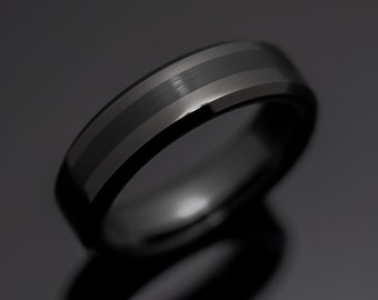 6mm Black Obsidian Tungsten Wedding Band, Black Center Brush Wedding Ring Unisex