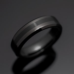 6mm Black Obsidian Tungsten Wedding Band, Black Center Brush Wedding Ring Unisex