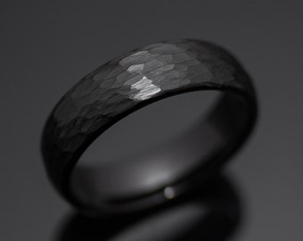 Black Obsidian Hammered Tungsten Wedding Band Ring in 6mm Width