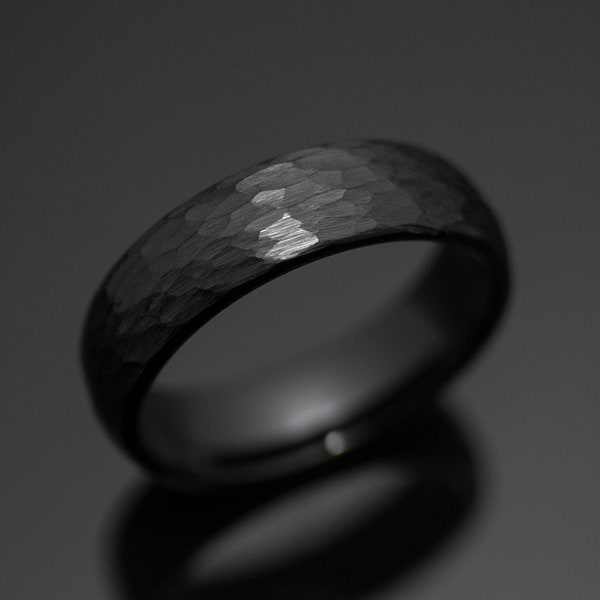 Black Obsidian Hammered Tungsten Wedding Band Ring in 6mm Width