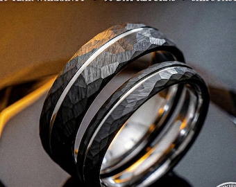 4mm/6mm Hammered Obsidian Silver Tungsten Wedding Ring Set His and Hers, Black wedding bands Black Couple Rings Tungsten Rings