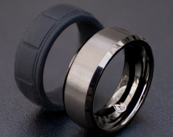 Gunmetal Tungsten Ring Bundle Set with Silicone Band 8mm, Gunmetal Wedding Bands for Men, Wedding Ring Gift, Tungsten Carbide, Man Ring,