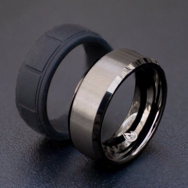 Gunmetal Tungsten Ring Bundle Set with Silicone Band 8mm, Gunmetal Wedding Bands for Men, Wedding Ring Gift, Tungsten Carbide, Man Ring,