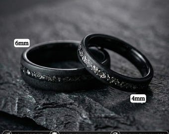 4mm/6mm Black Sandblasted Meteorite Tungsten Wedding Ring Set His and Hers