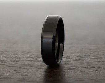 Black Obsidian Sleek Tungsten Ring, Design 6mm Beveled Edges, rings for men, rings for women, anniversary, wedding band, engagement band