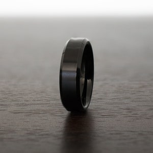 Black Obsidian Sleek Tungsten Ring, Design 6mm Beveled Edges, rings for men, rings for women, anniversary, wedding band, engagement band image 1