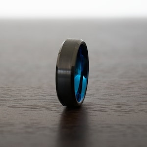 Black Obsidian Tungsten Ring, Brush Blue Design 6mm with Beveled Edges rings for men, rings for women, anniversary, engagement, wedding band