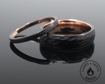 Hammered Obsidian Rose Gold Tungsten Wedding Ring Set His and Hers, 2mm/6mm Bands Active
