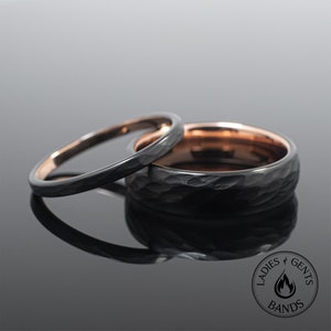 Hammered Obsidian Rose Gold Tungsten Wedding Ring Set His and Hers, 2mm/6mm Bands Active