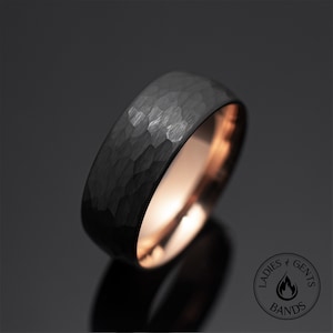 8mm Black Hammered Obsidian Tungsten Ring, 8mm Rose Gold Round Dome Design, rings for men, anniversary, wedding band, engagement band