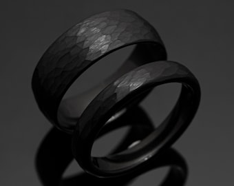 Juego de anillos de boda martillados en negro, alianzas de boda de carburo de tungsteno estilo obsidiana de 8 mm/4 mm