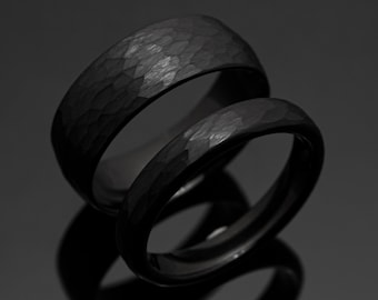 Black Hammered Wedding Ring Set, 8mm/4mm Obsidian-style Tungsten Carbide Wedding Bands
