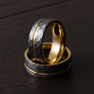 8mm Hammered Silver Tungsten Wedding Band, Gold Inlay Tungsten Wedding Ring Unisex Band