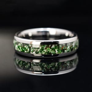 Moss Agate Ring Silver 6mm Tungsten Wedding Ring - Mens & Womens Ring