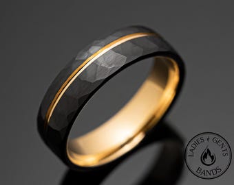 6 mm schwarz gehämmerter Goldobsidian Wolfram Ehering, Herrenring