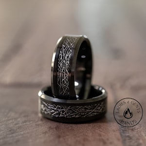 8mm Black Meteorite Wedding ring, Black polished Mens Wedding Band, beveled edges Tungsten Ring, Mens Ring