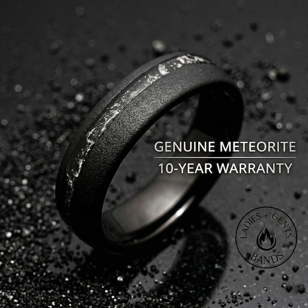 6mm Black Meteorite Sandblasted Wedding ring, Black obsidian sandblasted Mens Wedding Band