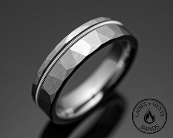 Alliance martelée en argent de 6 mm avec cordes de guitare, alliance en argent pour homme