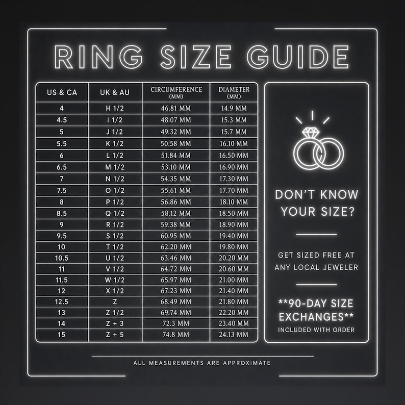 Puede incluir: Gu&iacute;a de tallas de anillos con tallas de EE. UU. y CA y Reino Unido y AU, circunferencia y di&aacute;metro en mil&iacute;metros. Incluye un gr&aacute;fico de dos anillos y el texto: "&iquest;No conoces tu talla?" y "M&iacute;dete gratis en cualquier joyero local."