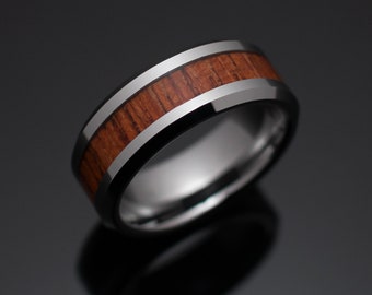 8mm Koa Wood Tungsten Wedding Band, Wood Inlay Unisex Wedding Ring