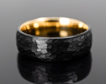 8mm Black Hammered Obsidian Tungsten Wedding Ring with Gold Inlay