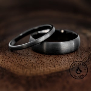 Black Brushed Obsidian Tungsten Wedding Ring Set His and Hers, 2mm and 6mm Bands