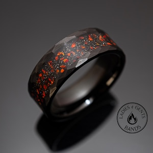 8mm Black Garnet Ring, Tungsten Wedding Band with Red Gemstone Inlay, Mens Wedding Ring, Red Ring Garnet
