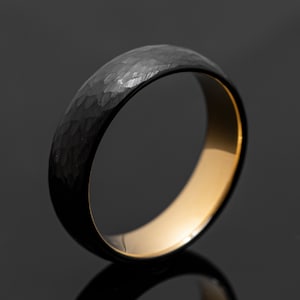 Black Hammered Obsidian Gold Tungsten Wedding Ring Set His and Hers, 2mm/6mm Bands image 4