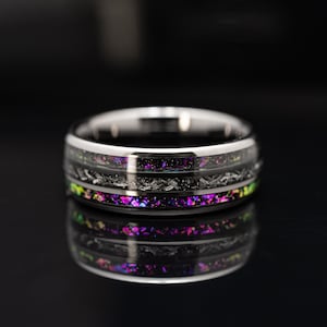 Black Meteorite Opal Tungsten Band | Meteorite inlay Mens Wedding Ring | Unique Engagement Ring