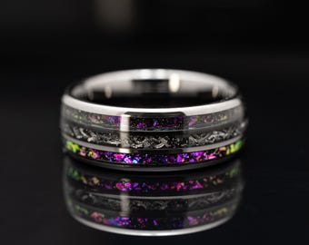 Black Meteorite Opal Tungsten Band | Meteorite inlay Mens Wedding Ring | Unique Engagement Ring