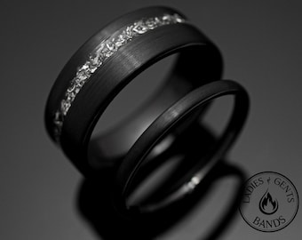Meteorite Wedding Ring Set His and Hers | Black Brushed Tungsten Bands in 2mm and 8mm
