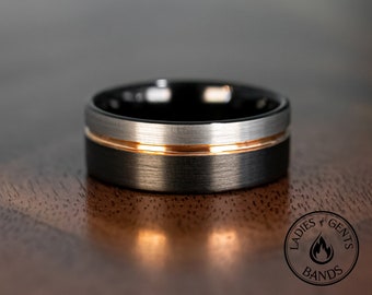 Black Silver Wedding band with Rose Gold strip accent, 8mm Tri-color wedding ring unisex