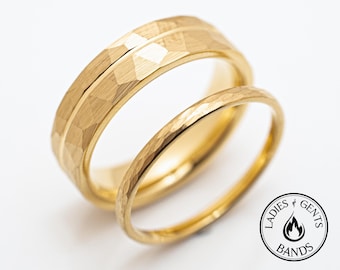 Gold Hammered Tungsten Wedding Ring Set His and Hers, 2mm/6mm Bands | Gold Stripe Offset